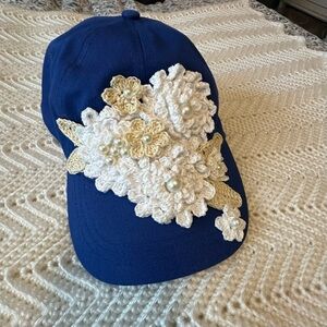 Upcycled Blue Cap with Hand Crochet Floral Design in white and cream